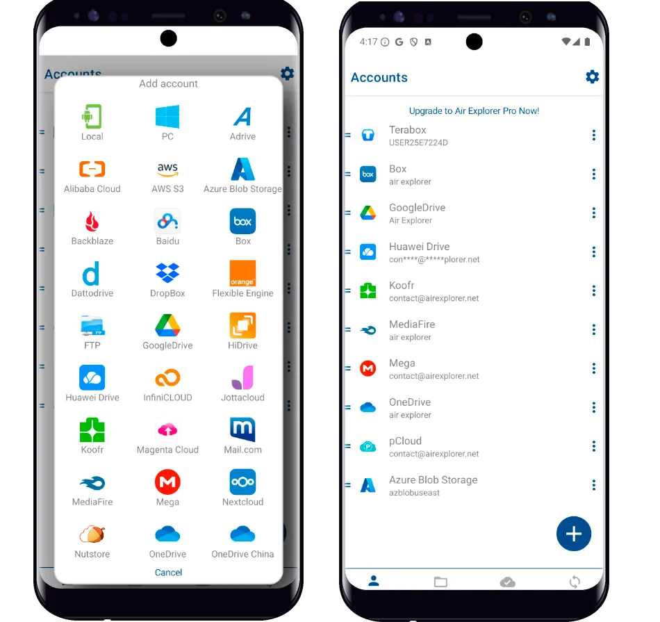Air Explorer for Android connects to a wide range of cloud services