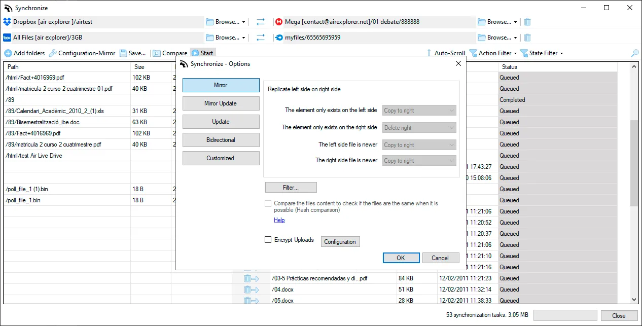Air Explorer and Air Cluster both offer five synchronization modes