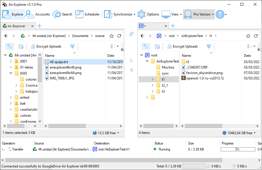 Air Explorer screenshot, transfer files